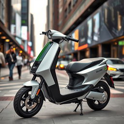 A sleek and modern Ola electric scooter parked in an urban environment, showcasing its stylish design and vibrant colors against the backdrop of a bustling city street