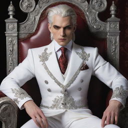 A child-like vampire king with silver hair and piercing red eyes, dressed in a pristine white noble suit, sitting confidently on his ornate throne.