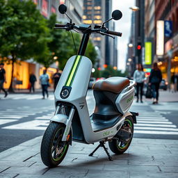 A sleek and modern Ola electric scooter parked in an urban environment, showcasing its stylish design and vibrant colors against the backdrop of a bustling city street