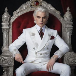 A child-like vampire king with silver hair and piercing red eyes, dressed in a pristine white noble suit, sitting confidently on his ornate throne.