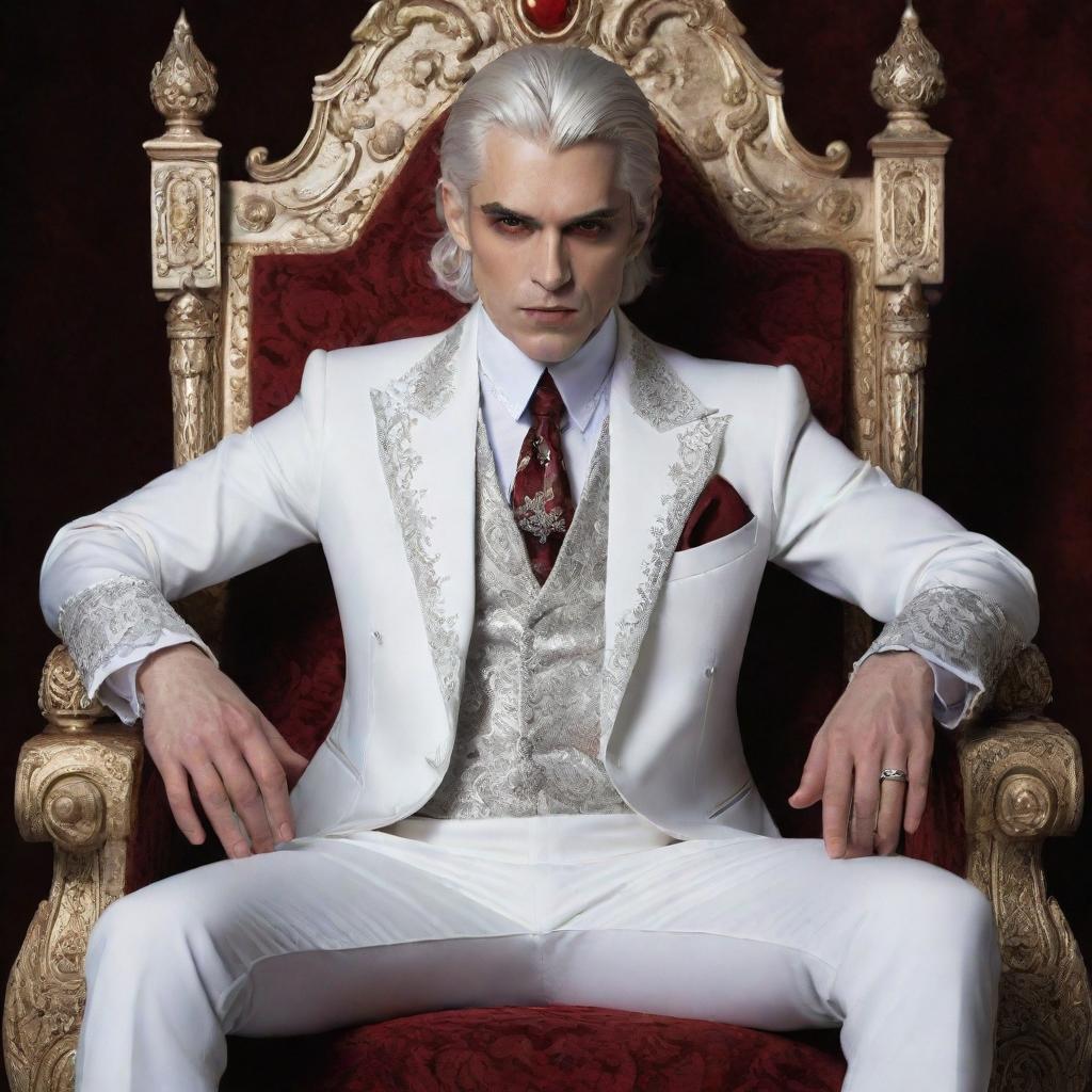 A child-like vampire king with silver hair and piercing red eyes, dressed in a pristine white noble suit, sitting confidently on his ornate throne.