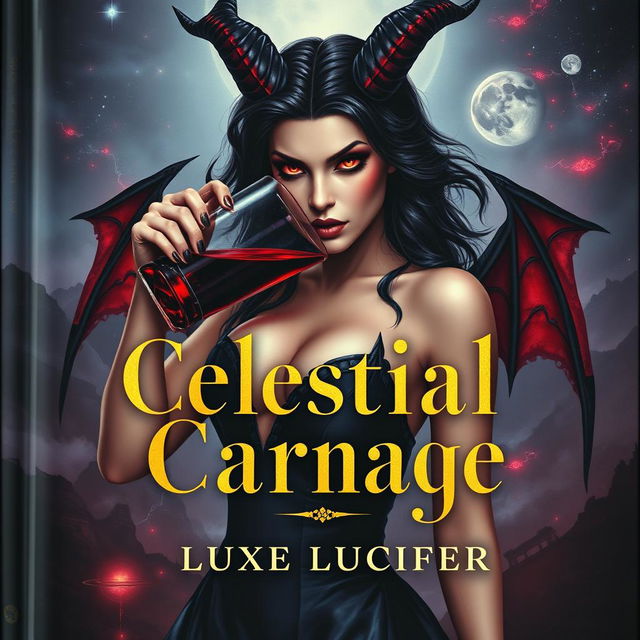 An elegant book cover depicting a sexy demoness with alluring red eyes, gracefully drinking blood from a glass pitcher