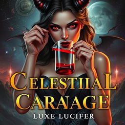 An elegant book cover depicting a sexy demoness with alluring red eyes, gracefully drinking blood from a glass pitcher