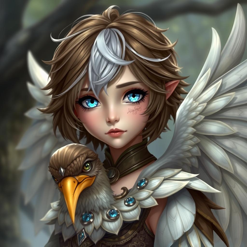 A fantasy character with short brown and white layered hair, dazzling bright blue eyes, and the majestic wings of a Wren bird