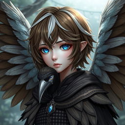 A fantasy character with short brown and white layered hair, dazzling bright blue eyes, and the majestic wings of a Wren bird