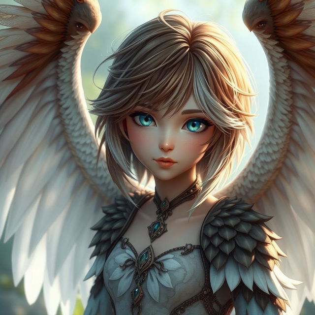 A fantasy character with short brown and white layered hair, dazzling bright blue eyes, and the majestic wings of a Wren bird