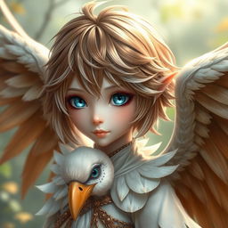 A fantasy character with short brown and white layered hair, dazzling bright blue eyes, and the majestic wings of a Wren bird