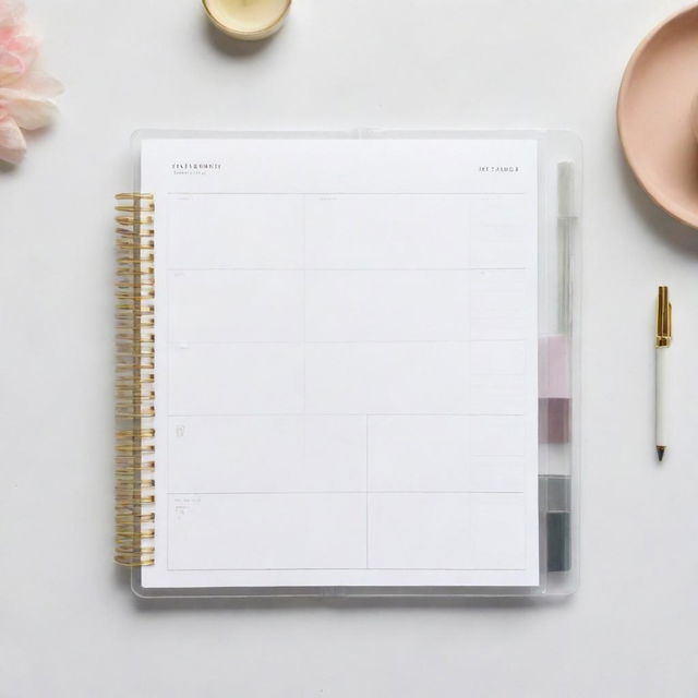 A meticulously organized planner with clear sections for dates, notes, and personal goals. It features a sleek, minimalist design with pops of color for visual interest.