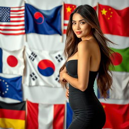 A background featuring multiple country flags prominently including the flag of South Korea, along with others such as the United States, France, and China