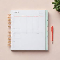 A meticulously organized planner with clear sections for dates, notes, and personal goals. It features a sleek, minimalist design with pops of color for visual interest.