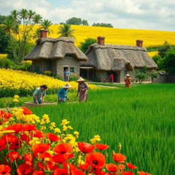 A beautiful village scene portraying the simple life of villagers