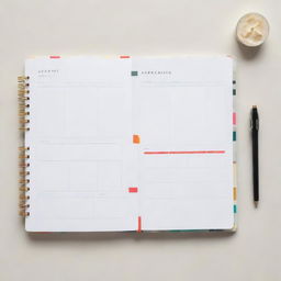 A meticulously organized planner with clear sections for dates, notes, and personal goals. It features a sleek, minimalist design with pops of color for visual interest.