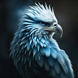 Generate a hyper-realistic portrait of a majestic bird with icy-blue feather hues, captivating sapphire eyes, standing tall with wings spread wide emanating a chilly aura