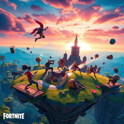 A vibrant and action-packed scene from Fortnite, featuring characters in colorful and dynamic outfits engaging in an epic battle on a floating island