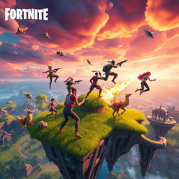 A vibrant and action-packed scene from Fortnite, featuring characters in colorful and dynamic outfits engaging in an epic battle on a floating island