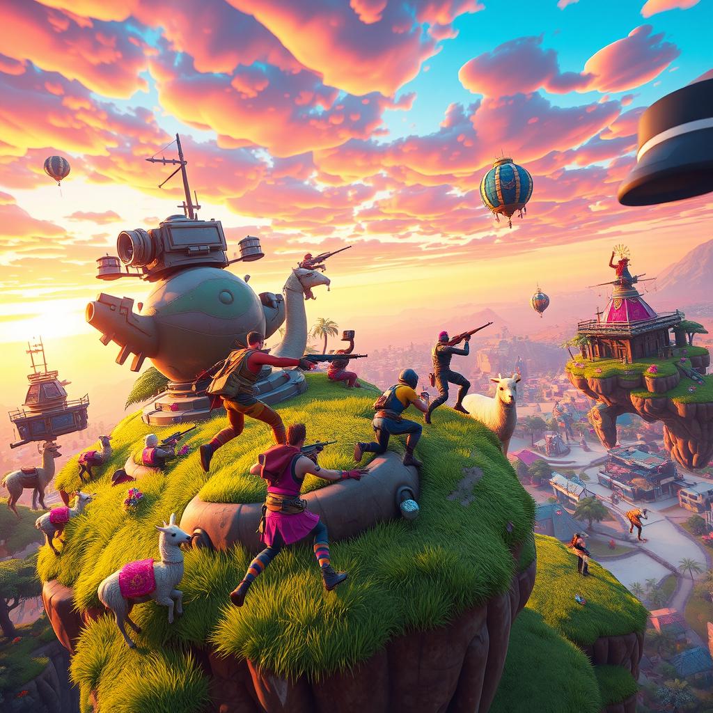 A vibrant and action-packed scene from Fortnite, featuring characters in colorful and dynamic outfits engaging in an epic battle on a floating island