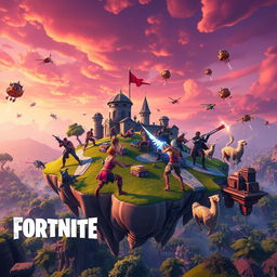 A vibrant and action-packed scene from Fortnite, featuring characters in colorful and dynamic outfits engaging in an epic battle on a floating island