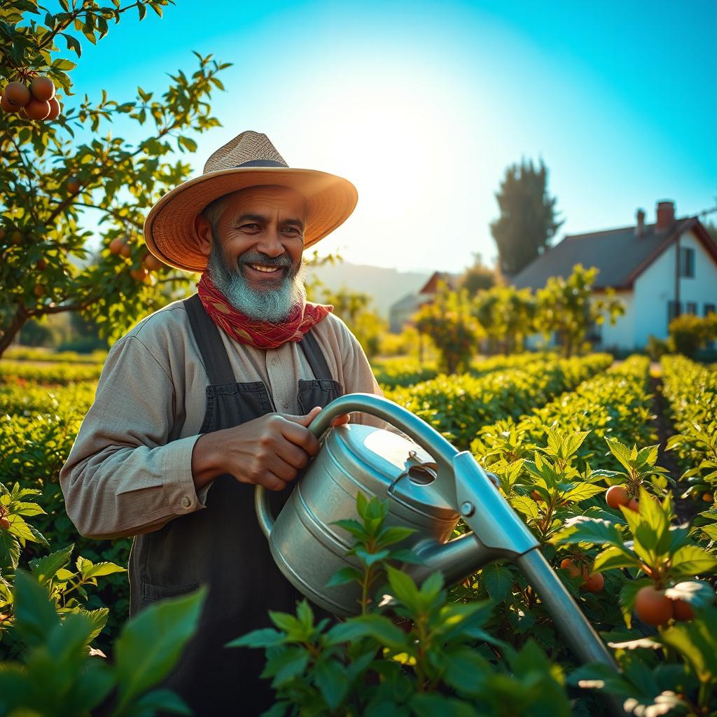 Rahmat Ali working in his farm, surrounded by lush green vegetation and fruit-bearing trees