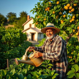 Rahmat Ali working in his farm, surrounded by lush green vegetation and fruit-bearing trees