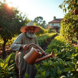 Rahmat Ali working in his farm, surrounded by lush green vegetation and fruit-bearing trees