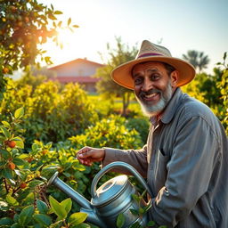 Rahmat Ali working in his farm, surrounded by lush green vegetation and fruit-bearing trees