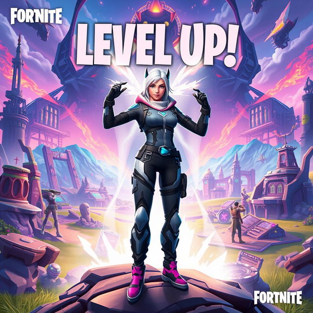 A dynamic and epic scene featuring the Fortnite character Ema Frost, leveling up amidst an intense game environment