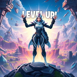 A dynamic and epic scene featuring the Fortnite character Ema Frost, leveling up amidst an intense game environment