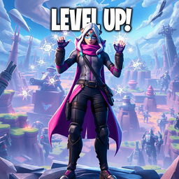 A dynamic and epic scene featuring the Fortnite character Ema Frost, leveling up amidst an intense game environment