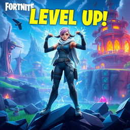 A dynamic and epic scene featuring the Fortnite character Ema Frost, leveling up amidst an intense game environment