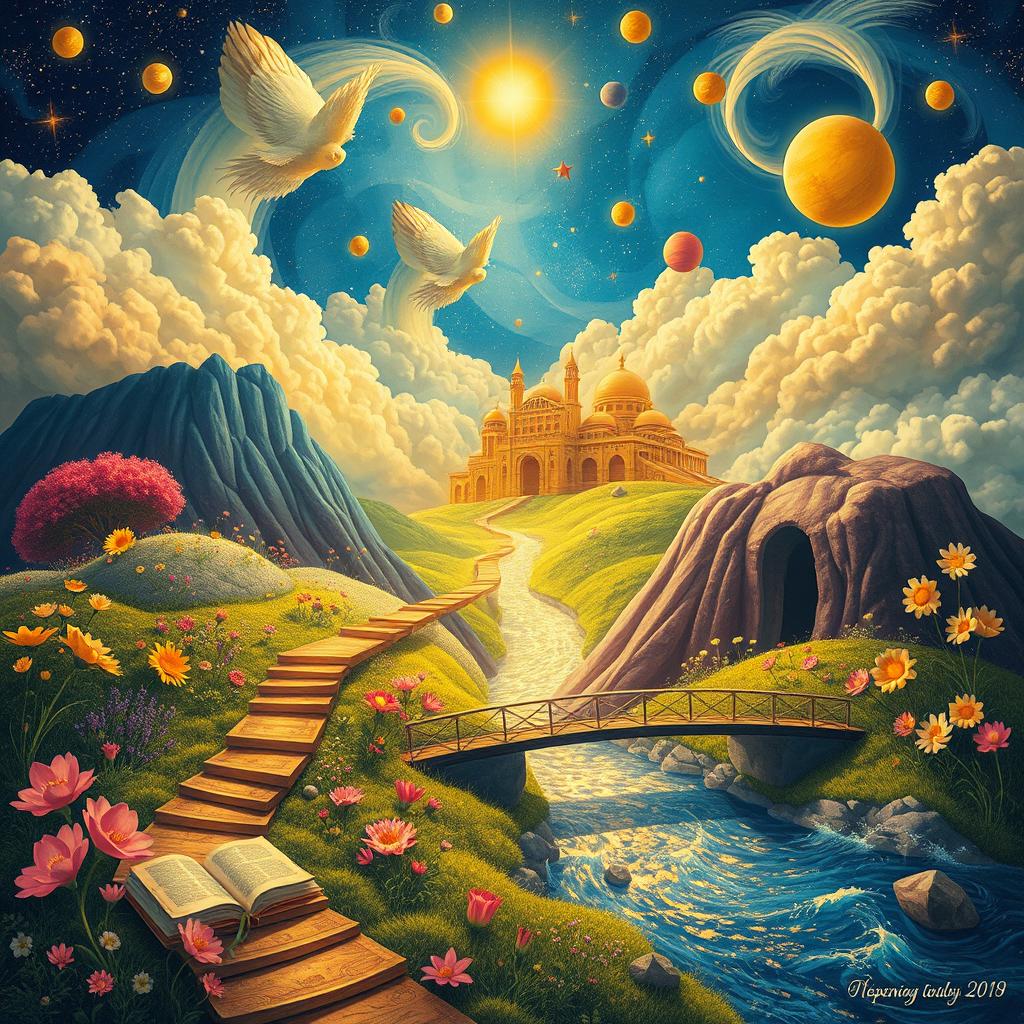 A surreal and imaginative depiction of dreams in life, featuring vibrant and ethereal landscapes that blend seamlessly with scenes of aspiration and ambition