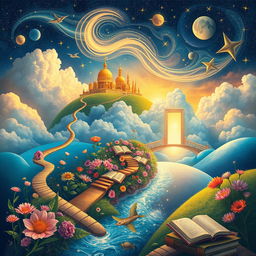 A surreal and imaginative depiction of dreams in life, featuring vibrant and ethereal landscapes that blend seamlessly with scenes of aspiration and ambition