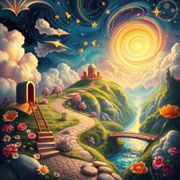 A surreal and imaginative depiction of dreams in life, featuring vibrant and ethereal landscapes that blend seamlessly with scenes of aspiration and ambition