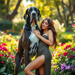 Seductive Latina woman posing with a large Great Dane dog in a beautiful garden setting