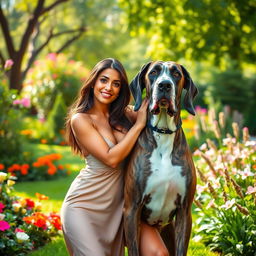 Seductive Latina woman posing with a large Great Dane dog in a beautiful garden setting