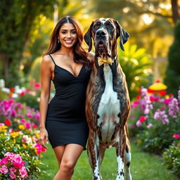 Seductive Latina woman posing with a large Great Dane dog in a beautiful garden setting