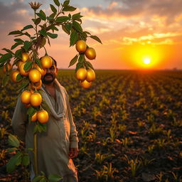 A surreal agricultural scene in Rahmat Ali's field during sunset