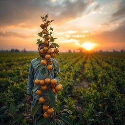 A surreal agricultural scene in Rahmat Ali's field during sunset