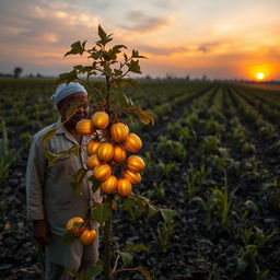 A surreal agricultural scene in Rahmat Ali's field during sunset