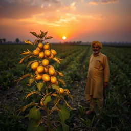 A surreal agricultural scene in Rahmat Ali's field during sunset