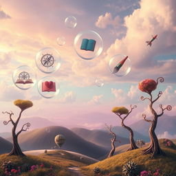 A whimsical landscape representing dreams in life, featuring a dreamy sky blending seamlessly into a vibrant horizon