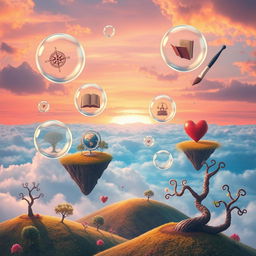 A whimsical landscape representing dreams in life, featuring a dreamy sky blending seamlessly into a vibrant horizon