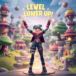 Ema, a dynamic character in the Fortnite universe, is seen leveling up triumphantly in a vibrant and whimsical setting