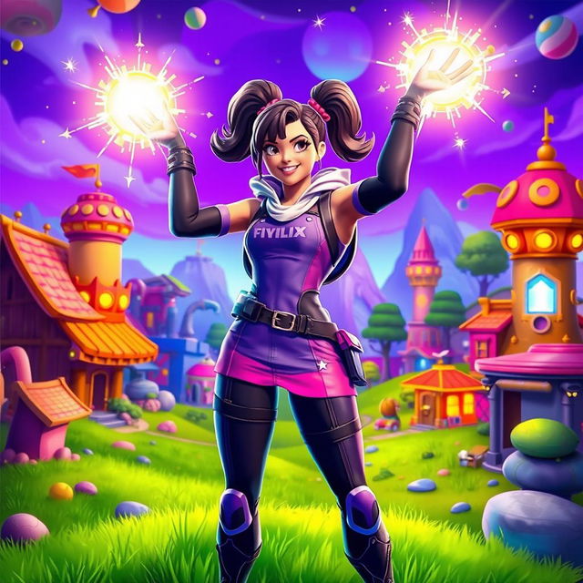 Ema, a dynamic character in the Fortnite universe, is seen leveling up triumphantly in a vibrant and whimsical setting