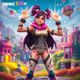 Ema, a dynamic character in the Fortnite universe, is seen leveling up triumphantly in a vibrant and whimsical setting