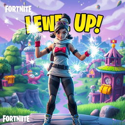 Ema, a dynamic character in the Fortnite universe, is seen leveling up triumphantly in a vibrant and whimsical setting