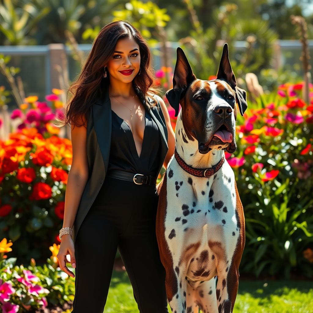 A beautiful Latina woman and a majestic Great Dane dog enjoying a sunny day in a gorgeous garden