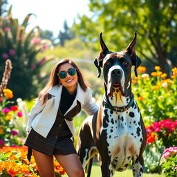 A beautiful Latina woman and a majestic Great Dane dog enjoying a sunny day in a gorgeous garden