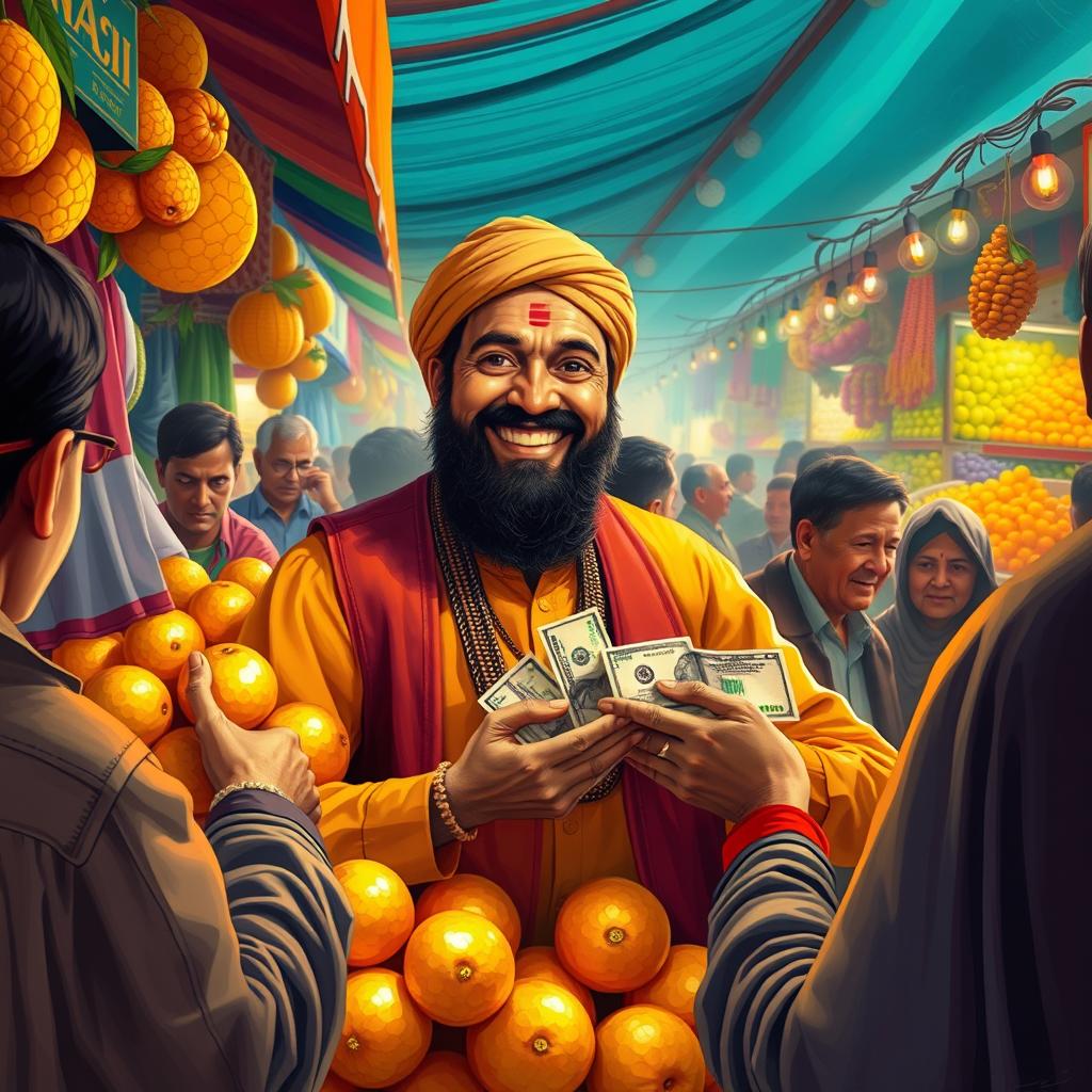 Rehmat Ali is depicted in a bustling market scene, surrounded by vibrant stalls and colorful fruits