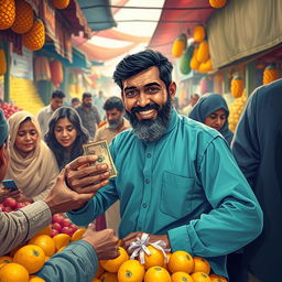 Rehmat Ali is depicted in a bustling market scene, surrounded by vibrant stalls and colorful fruits