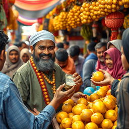 Rehmat Ali is depicted in a bustling market scene, surrounded by vibrant stalls and colorful fruits